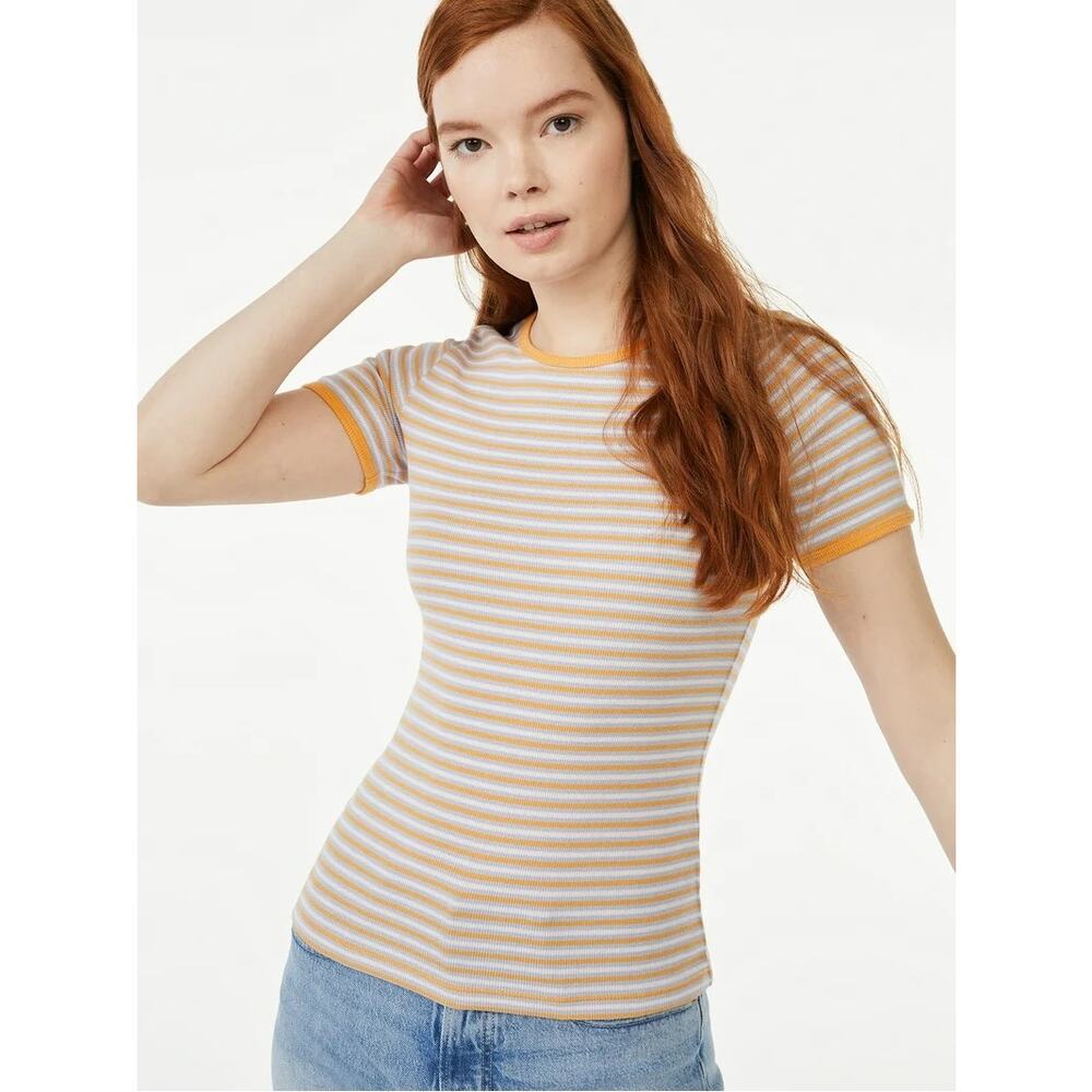 ❤️🔥EUC Free Assembly Striped Ringer Tee Gray Yellow Size XL